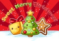 Sweet Merry Christmas greeting card. Cute characters and symbols. Holiday background in cartoon style. Royalty Free Stock Photo