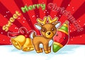 Sweet Merry Christmas greeting card. Cute characters and symbols. Holiday background in cartoon style. Royalty Free Stock Photo