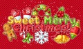 Sweet Merry Christmas greeting card. Cute characters and symbols. Holiday background in cartoon style. Royalty Free Stock Photo