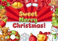 Sweet Merry Christmas greeting card. Cute characters and symbols. Holiday background in cartoon style. Royalty Free Stock Photo