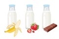 Sweet milk in glass bottles isolated on white background. Banana milk, strawberry and chocolate. Royalty Free Stock Photo