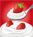 Sweet Milk yogurt cream on spoon with strawberry