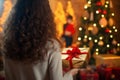 Sweet moment Hispanic girl back view holding a gift near the Christmas tree