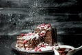 Sweet moments - sweet moments - brownies poured hot, liquid chocolate, sprinkled with red pomegranate seeds and powdered sugar Royalty Free Stock Photo