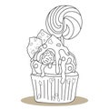 Sweet Monochrome Escape: Adorable Cupcake Coloring Illustration for Relaxing Artistic Fun