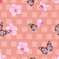 Sweet mood of Seamless pattern Beautiful Vector of butterflies and orchid flowers on geometric line design for fashion, fabric ,