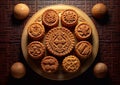 Sweet mooncakes pastry on round wooden board.Macro.AI Generative