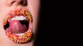 Sweet mouth. Womens tongue in the mouth. Seductive woman close. Sweet lips.