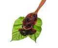 sweet mulberries and wood spoon on Green leaf and white backgro Royalty Free Stock Photo
