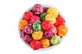 Sweet multicolor popcorn on a white isolated background Royalty Free Stock Photo