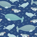 Vector narwhal, penguin and seal seamless repeat pattern. 