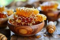 Sweet natural honey honeycomb dipper bowl fresh spring flowers bee golden syrup cells nature sweet healthy food Royalty Free Stock Photo