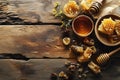 Sweet natural honey honeycomb dipper bowl fresh spring flowers bee golden syrup cells nature sweet healthy food Royalty Free Stock Photo