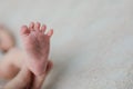 Sweet newborn baby boy girl feet on a light-colored white blanket Royalty Free Stock Photo