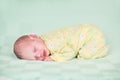 Sweet newborn baby sleeping on green blanket Royalty Free Stock Photo