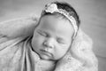 Sweet newborn baby sleeping.  Newborn girl 3 weeks old lying in a basket with knitted plaid. Portrait of pretty  newborn girl. Royalty Free Stock Photo