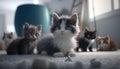 sweet newborn kittens play together on a soft and furry carpet in the living room at home, low angle view