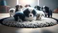 sweet newborn puppies play together on a soft and furry carpet in the living room at home -