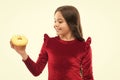 Sweet obsession. Happy childhood and sweet treats. Breaking diet concept. Girl hold sweet donut white background. Child