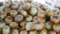 sweet onion bulbs at the farmers market place Royalty Free Stock Photo