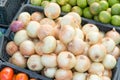 Sweet onion bulbs at the farmers market place Royalty Free Stock Photo