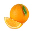 Sweet orange with a bright green leaf Royalty Free Stock Photo