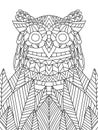 Detailed zentangle owl in leaves coloring page.