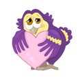 A sweet Owl holds her heart in its wings. Bird in love. Vector greeting card. Valentine`s day.