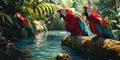 Sweet pair of Beautiful Scarlet Macaws. Ara macao. or red parrots birds perching on the branch with nice blur green background