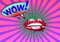 Sweet Pair of Glossy Vector Lips. Open wet red lips with teeth retrÃÂ² art style poster, Expression text WOW. Vector i