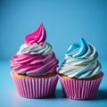 A Sweet Pair: Two Cupcakes in Pink and Blue with Light and Fluffy Frosting - Generative AI