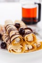 Sweet pancake with chocolate sauce Royalty Free Stock Photo