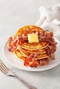 sweet pancakes with butter and bacon. traditional american breakfast Royalty Free Stock Photo