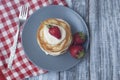 Sweet Pancakes with Cream and Strawbery. Health Breakfast Fruit Berry Vitamine Gray Rustic Wooden Background Royalty Free Stock Photo