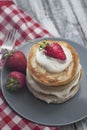 Sweet Pancakes with Cream and Strawbery. Health Breakfast Fruit Berry Vitamine Gray Rustic Wooden Background Royalty Free Stock Photo