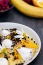 Sweet pancakes with ice cream, chocolate and orange served on white plate. Healthy and tasty breakfast Royalty Free Stock Photo