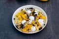 Sweet pancakes with ice cream, chocolate and orange served on white plate. Healthy and tasty breakfast Royalty Free Stock Photo