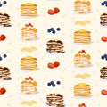 Sweet pancakes seamless pattern vector flat illustration. Treat baking homemade appetizing dessert