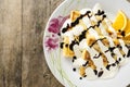 Sweet pancakes with sour cream and chocolate Royalty Free Stock Photo