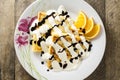 Sweet pancakes with sour cream and chocolate Royalty Free Stock Photo