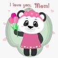 Sweet panda holds three tulips. Congratulations on your mother`s day, in the style of cartoons.