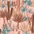 Sweet pastel Cactus Plant and flowers Seamless Pattern. Exotic Tropical Summer Botanical hand drawn mood Background in Vector , Royalty Free Stock Photo