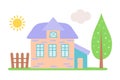 Sweet pastel home with tree, fence, sun and cloud. Cute cartoon dollhouse. Royalty Free Stock Photo