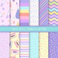 Sweet Pastel seamless pattern collection. Set of 12 colorful background with polka dot, stripe and simple symbol. Kawaii patterns Royalty Free Stock Photo