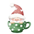 Sweet pastel watercolor Christmas gnome in green cup Royalty Free Stock Photo