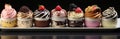 Sweet pastries with berries. Various assortment in the confectionery. Mousse cake