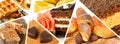 Sweet pastries, cakes and other confectionery. Wide photo. Mosaic photo collage