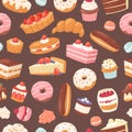Sweet pastry seamless vector pattern. Illustration of cakes, bakery and pastry. Pastry dessert background with sweet
