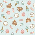 Sweet pattern. Cakes, cupcakes, candies, donuts, Royalty Free Stock Photo