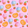 Sweet pattern cakes on pink background. Seamless.